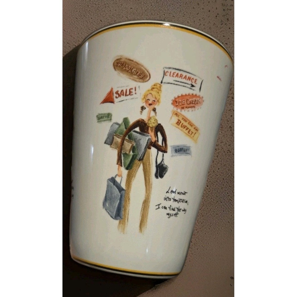 Cute Drawn Shopping Lady Mug Cup "Lead Not Into Temptation, I Can Find The Way..